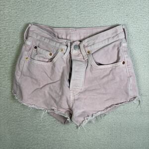 Levis 501 Denim Shorts Womens sz 24 Waist Pink Button Fly Cut Off Raw Hem